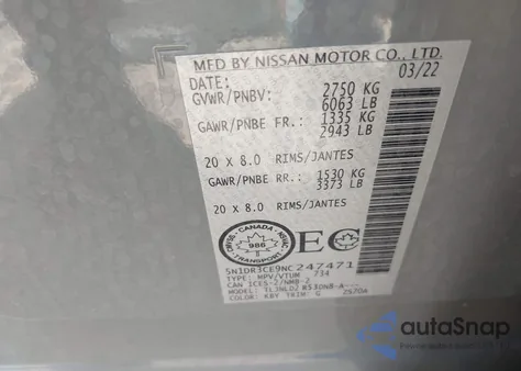 2022 Nissan Pathfinder Sl 4Wd z USA, uszkodzony, nr VIN 5N1DR3CE9NC247471